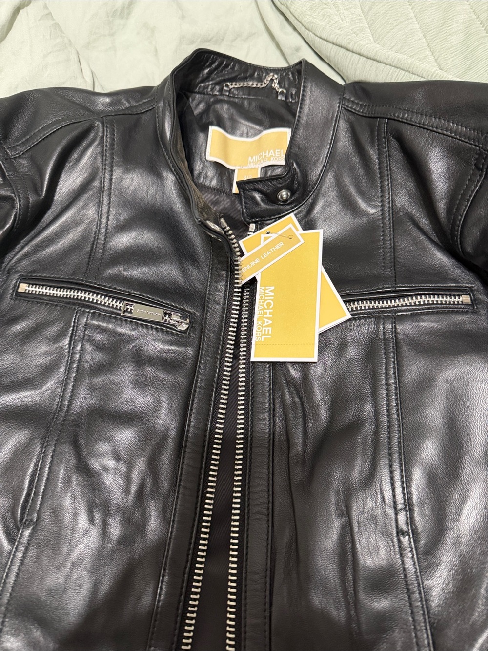 MICHAEL Michael Kors Black Leather Moto Jacket with Silver Zippers